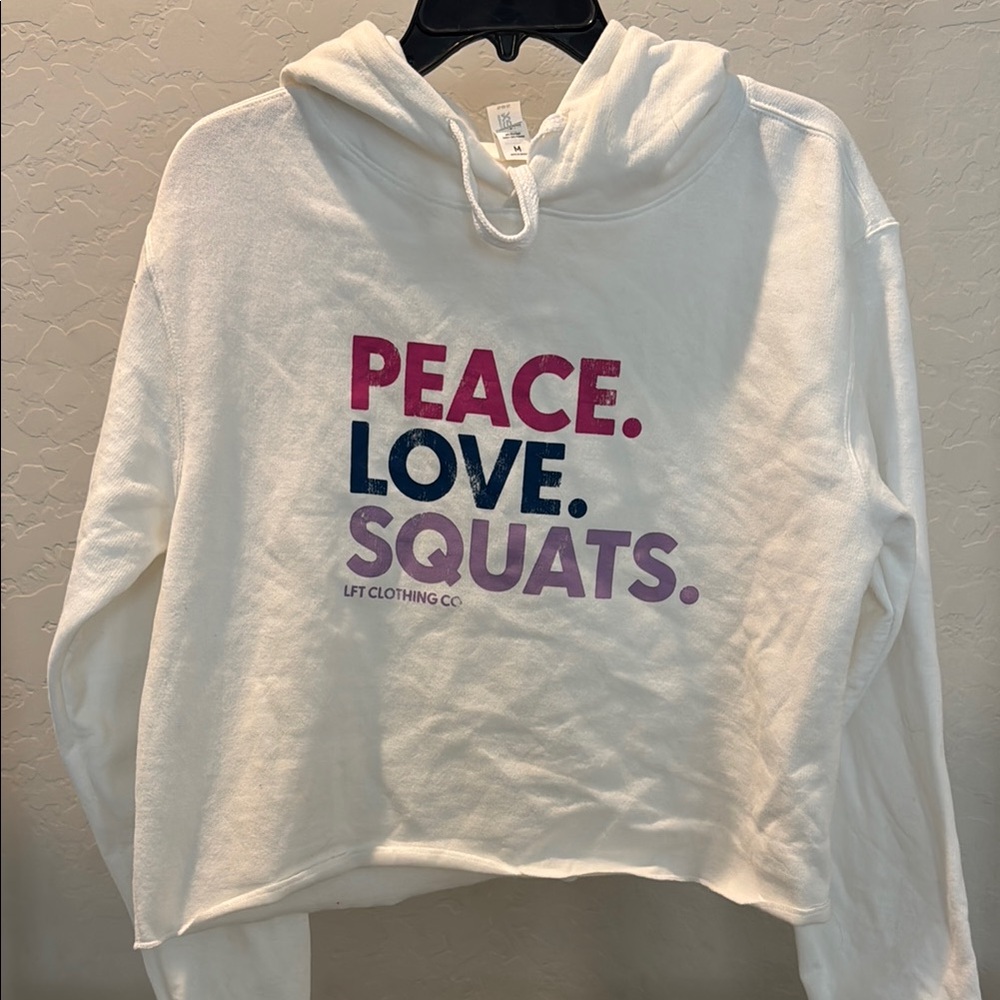White Hoodie with Peace Love Squats Print